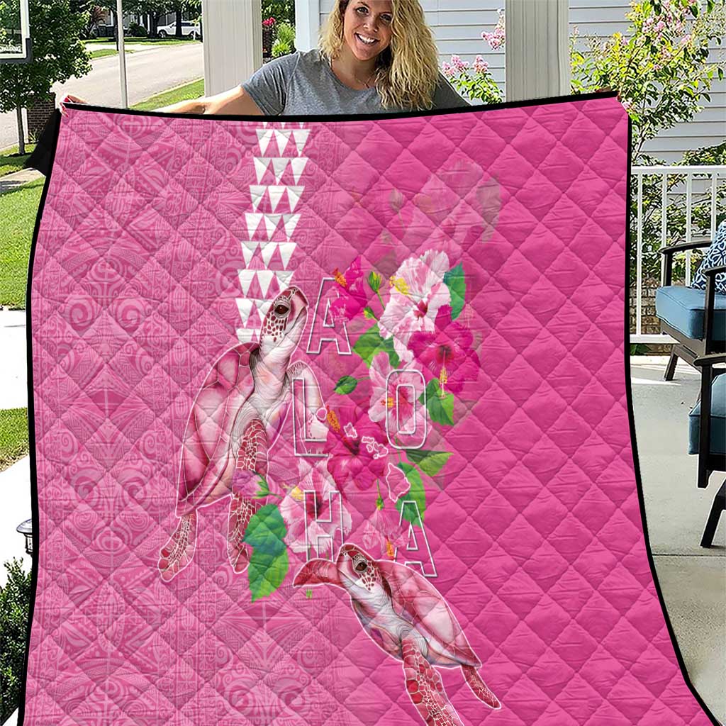 Hawaii Aloha Turtle Hibiscus and Leaves Quilt with Polynesian and Kakau Tattoos Rose Color - Polynesian Pride