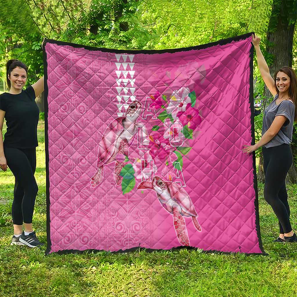 Hawaii Aloha Turtle Hibiscus and Leaves Quilt with Polynesian and Kakau Tattoos Rose Color - Polynesian Pride