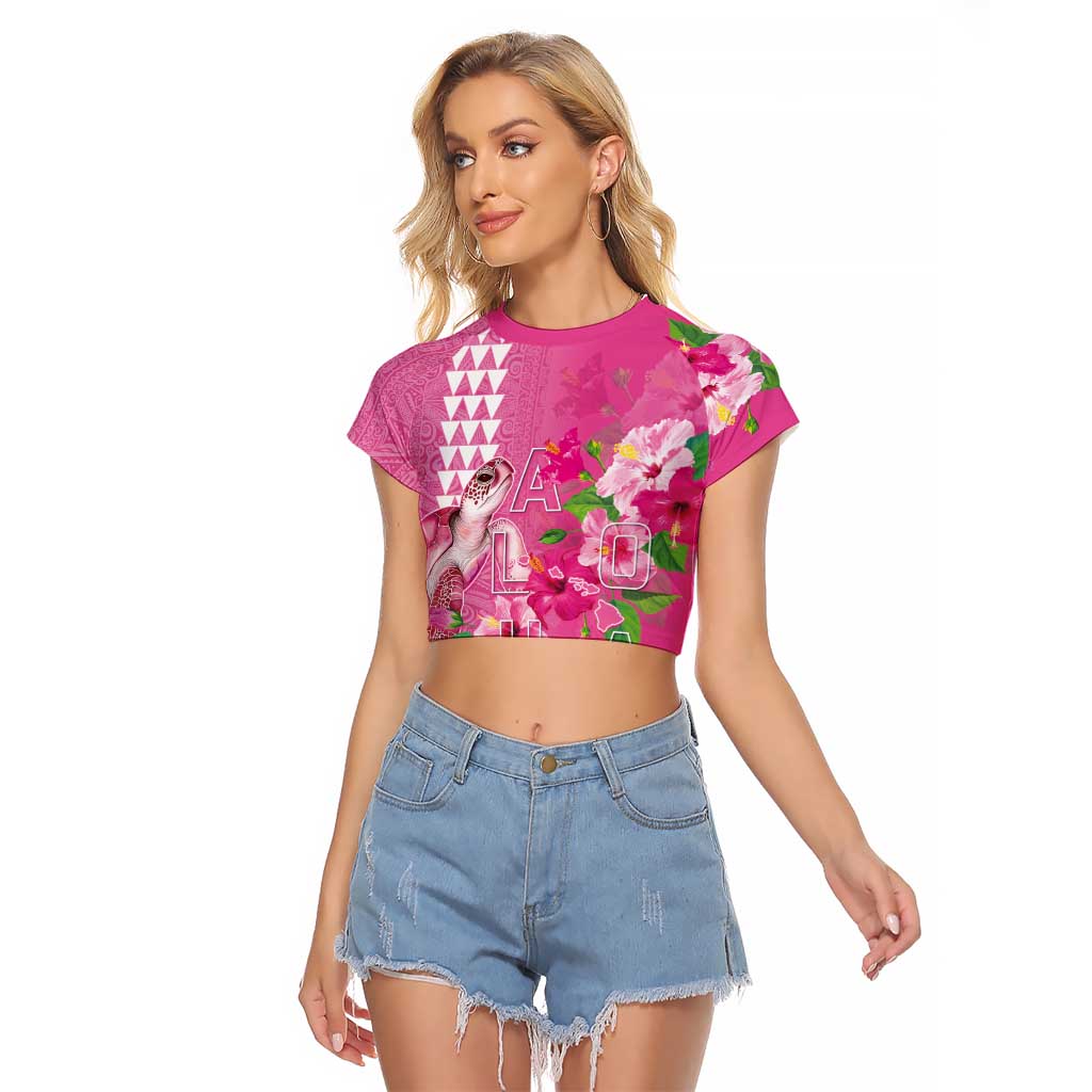 Hawaii Aloha Turtle Hibiscus and Leaves Raglan Cropped T Shirt with Polynesian and Kakau Tattoos Rose Color - Polynesian Pride