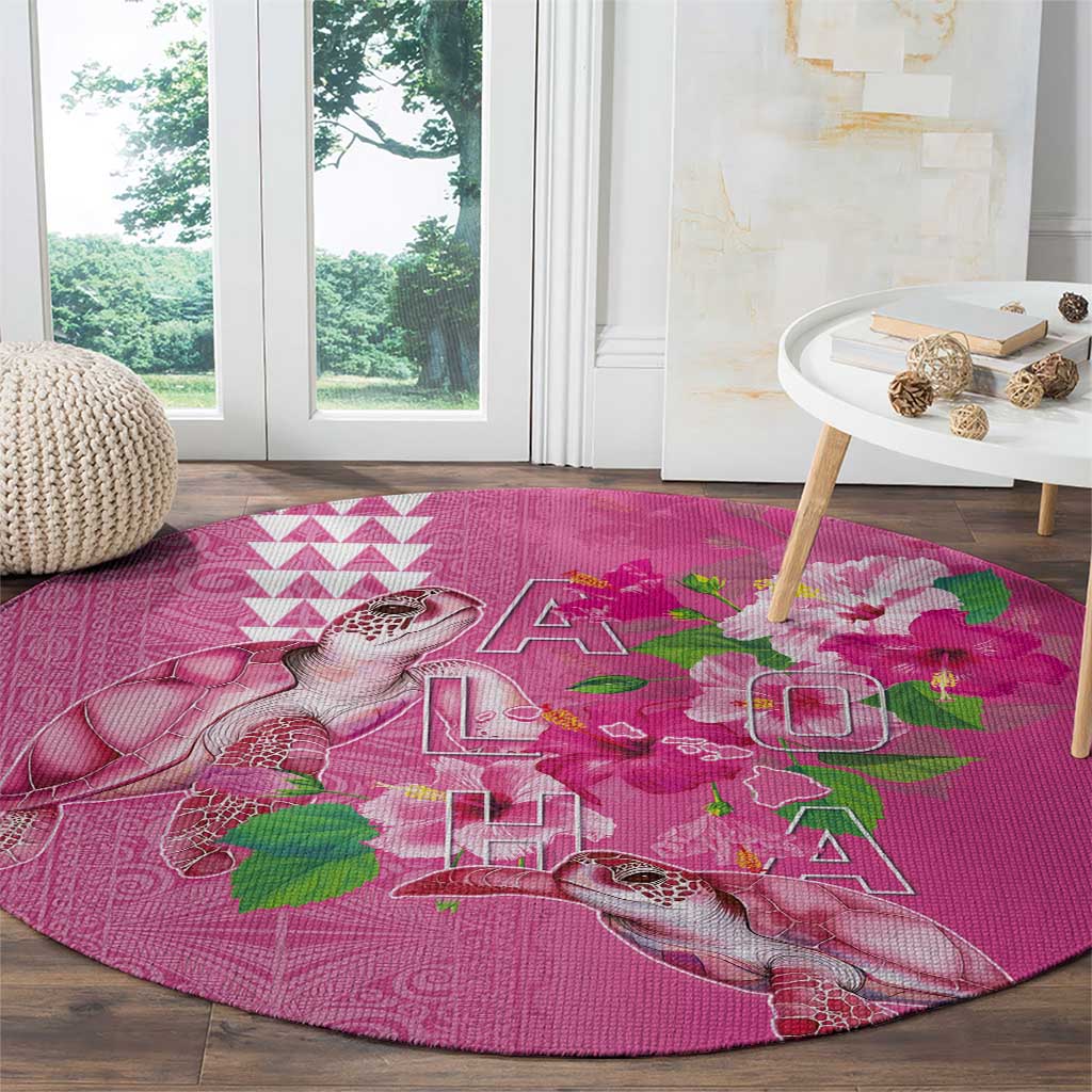 Hawaii Aloha Turtle Hibiscus and Leaves Round Carpet with Polynesian and Kakau Tattoos Rose Color LT03 - Polynesian Pride