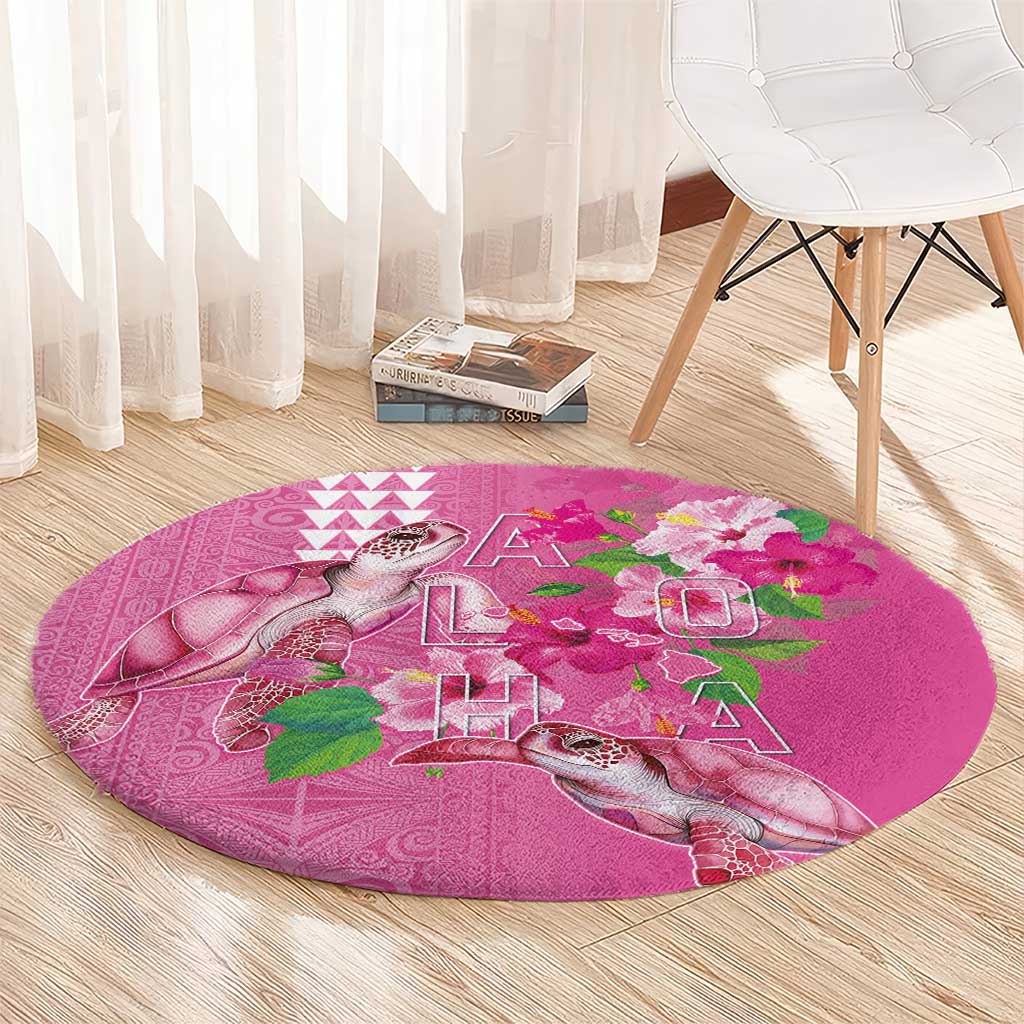 Hawaii Aloha Turtle Hibiscus and Leaves Round Carpet with Polynesian and Kakau Tattoos Rose Color LT03 - Polynesian Pride