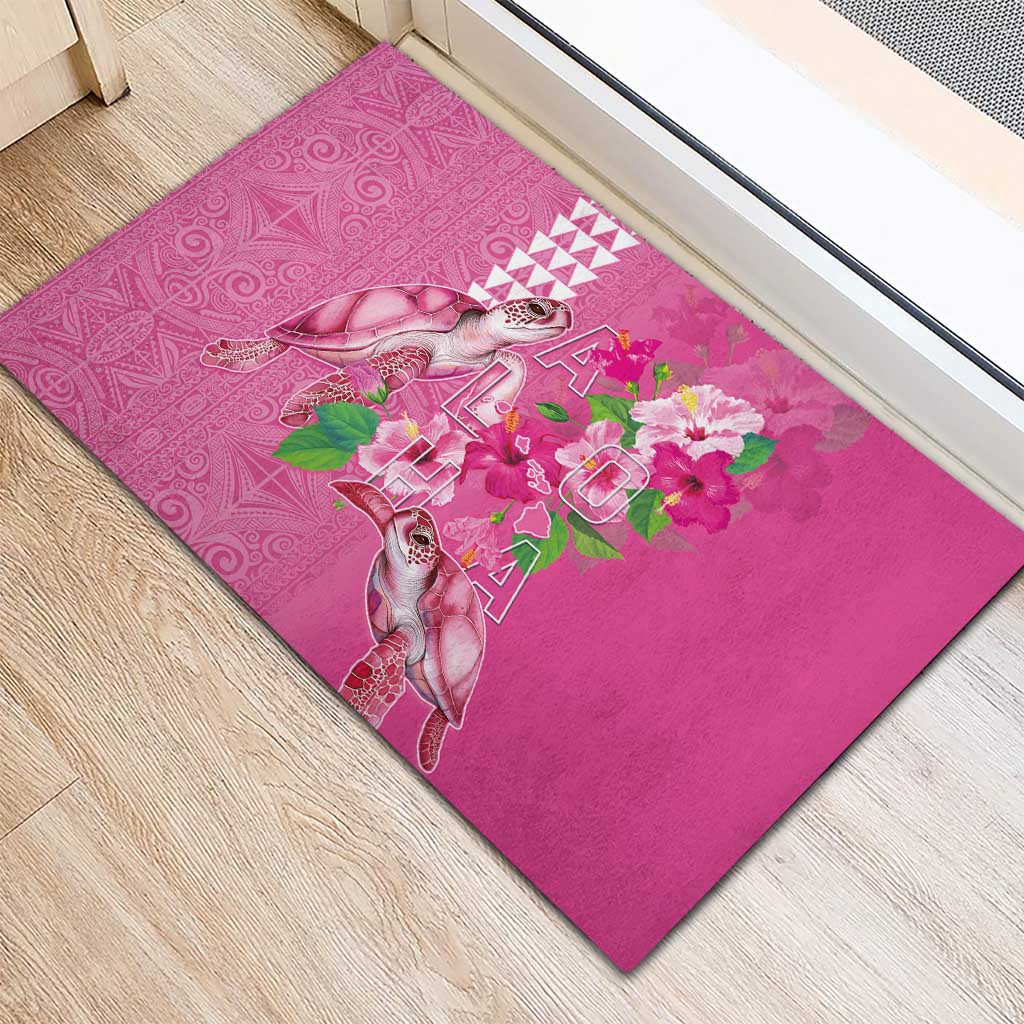 Hawaii Aloha Turtle Hibiscus and Leaves Rubber Doormat with Polynesian and Kakau Tattoos Rose Color - Polynesian Pride