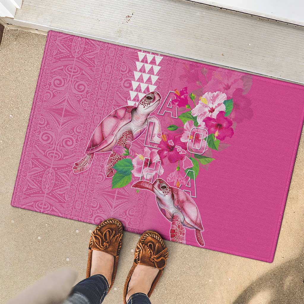Hawaii Aloha Turtle Hibiscus and Leaves Rubber Doormat with Polynesian and Kakau Tattoos Rose Color - Polynesian Pride