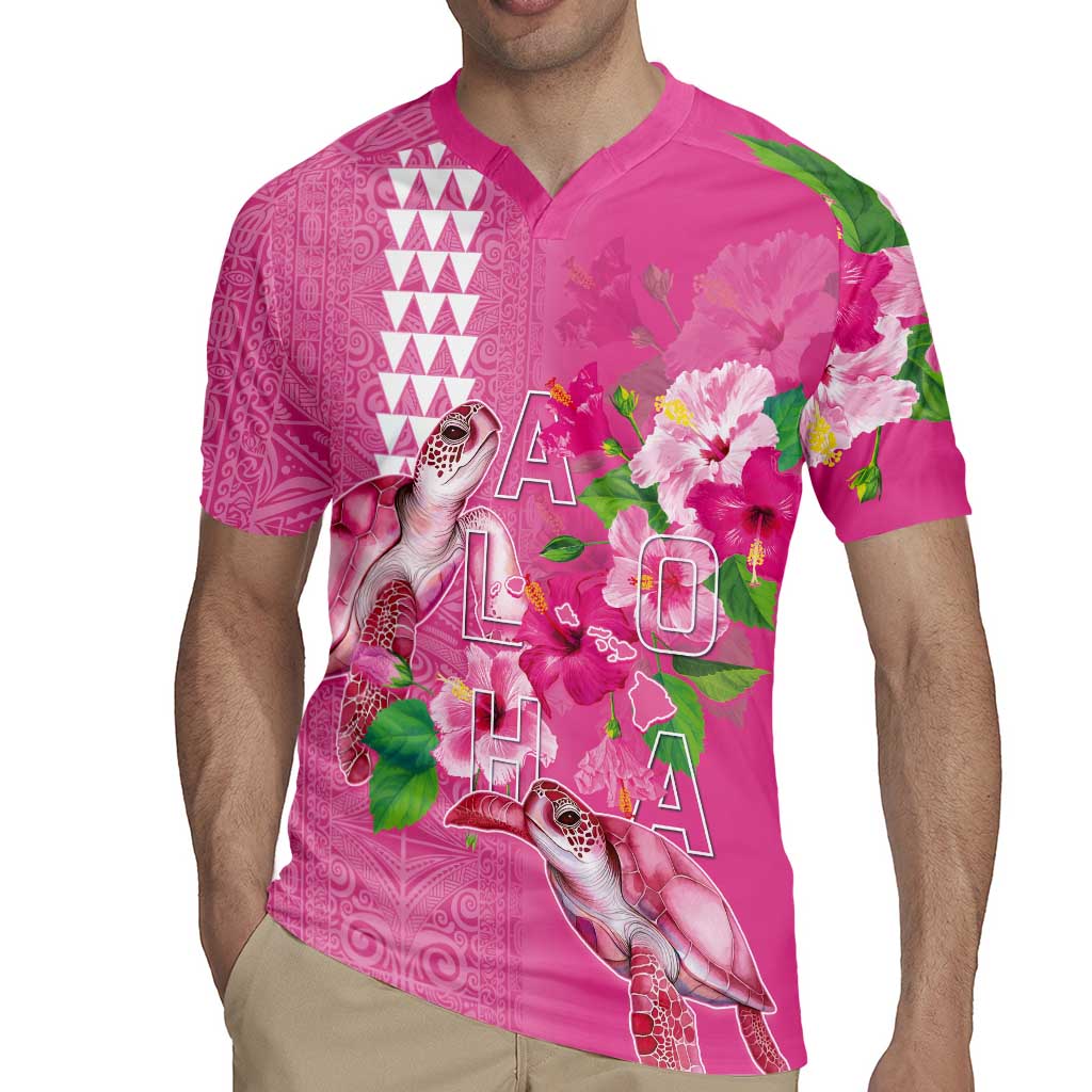 Hawaii Aloha Turtle Hibiscus and Leaves Rugby Jersey with Polynesian and Kakau Tattoos Rose Color - Polynesian Pride