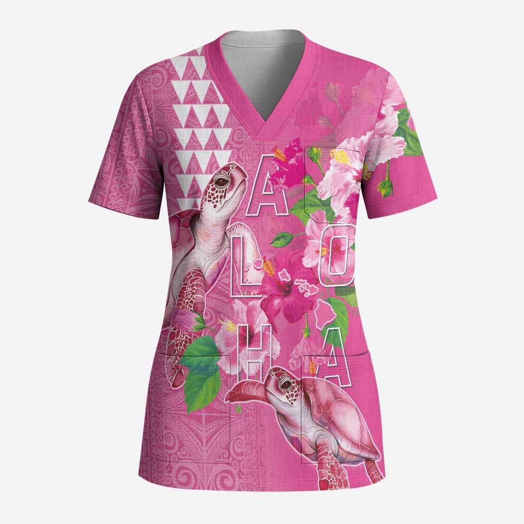Hawaii Aloha Turtle Hibiscus and Leaves Scrub Top with Polynesian and Kakau Tattoos Rose Color - Polynesian Pride