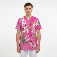 Hawaii Aloha Turtle Hibiscus and Leaves Scrub Top with Polynesian and Kakau Tattoos Rose Color - Polynesian Pride