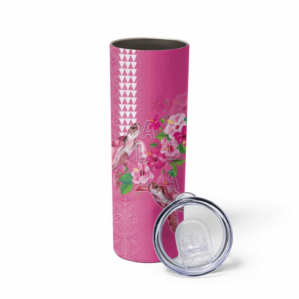 Hawaii Aloha Turtle Hibiscus and Leaves Skinny Tumbler with Polynesian and Kakau Tattoos Rose Color - Polynesian Pride