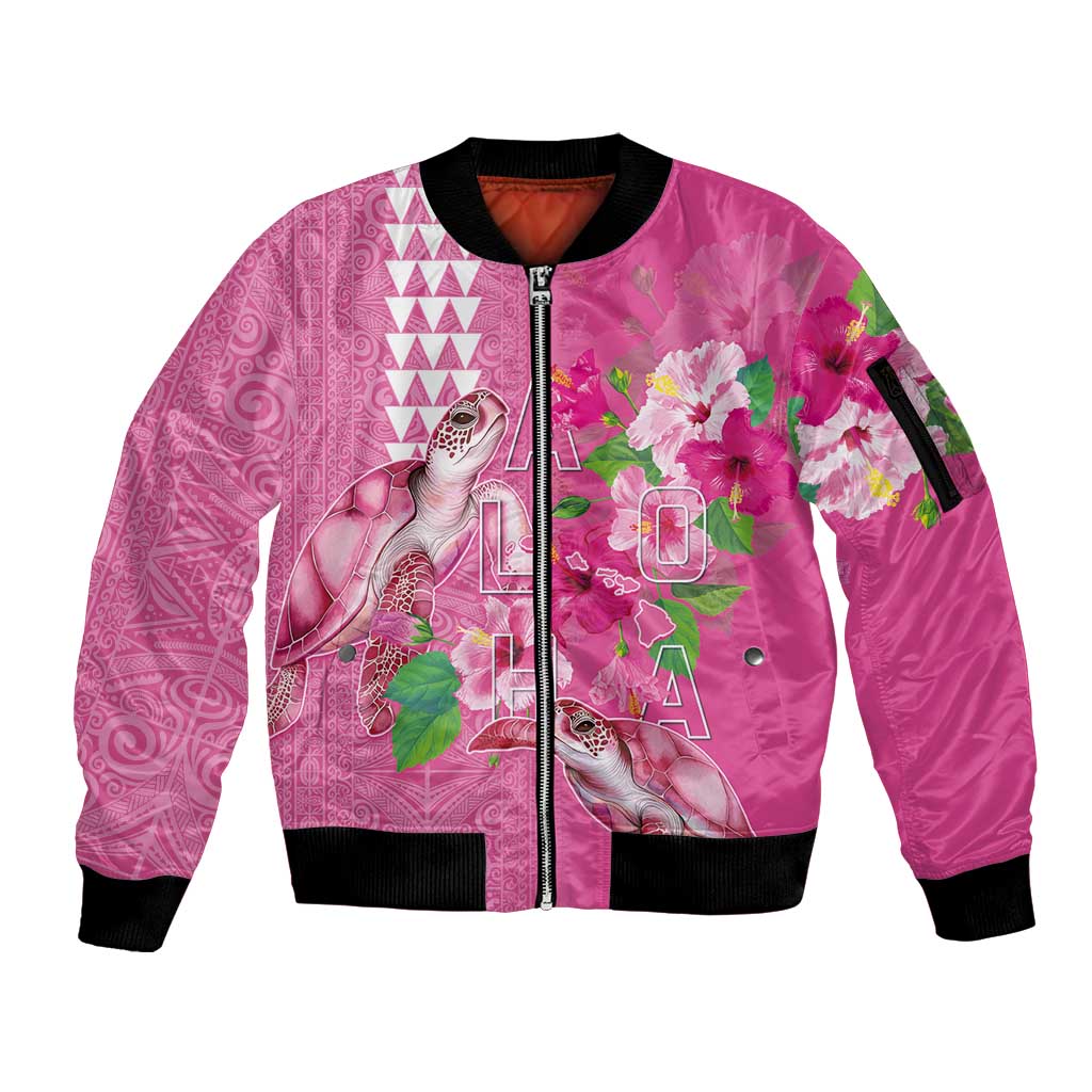 Hawaii Aloha Turtle Hibiscus and Leaves Sleeve Zip Bomber Jacket with Polynesian and Kakau Tattoos Rose Color - Polynesian Pride