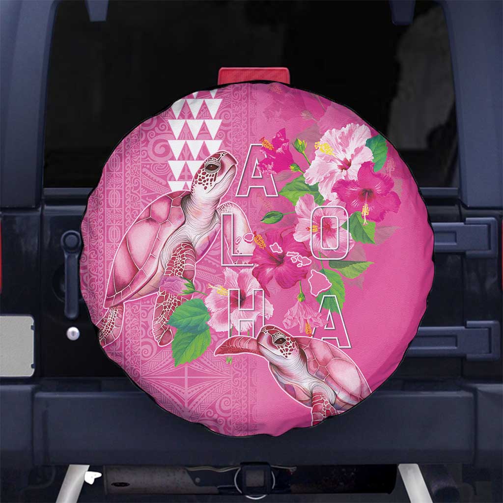 Hawaii Aloha Turtle Hibiscus and Leaves Spare Tire Cover with Polynesian and Kakau Tattoos Rose Color - Polynesian Pride