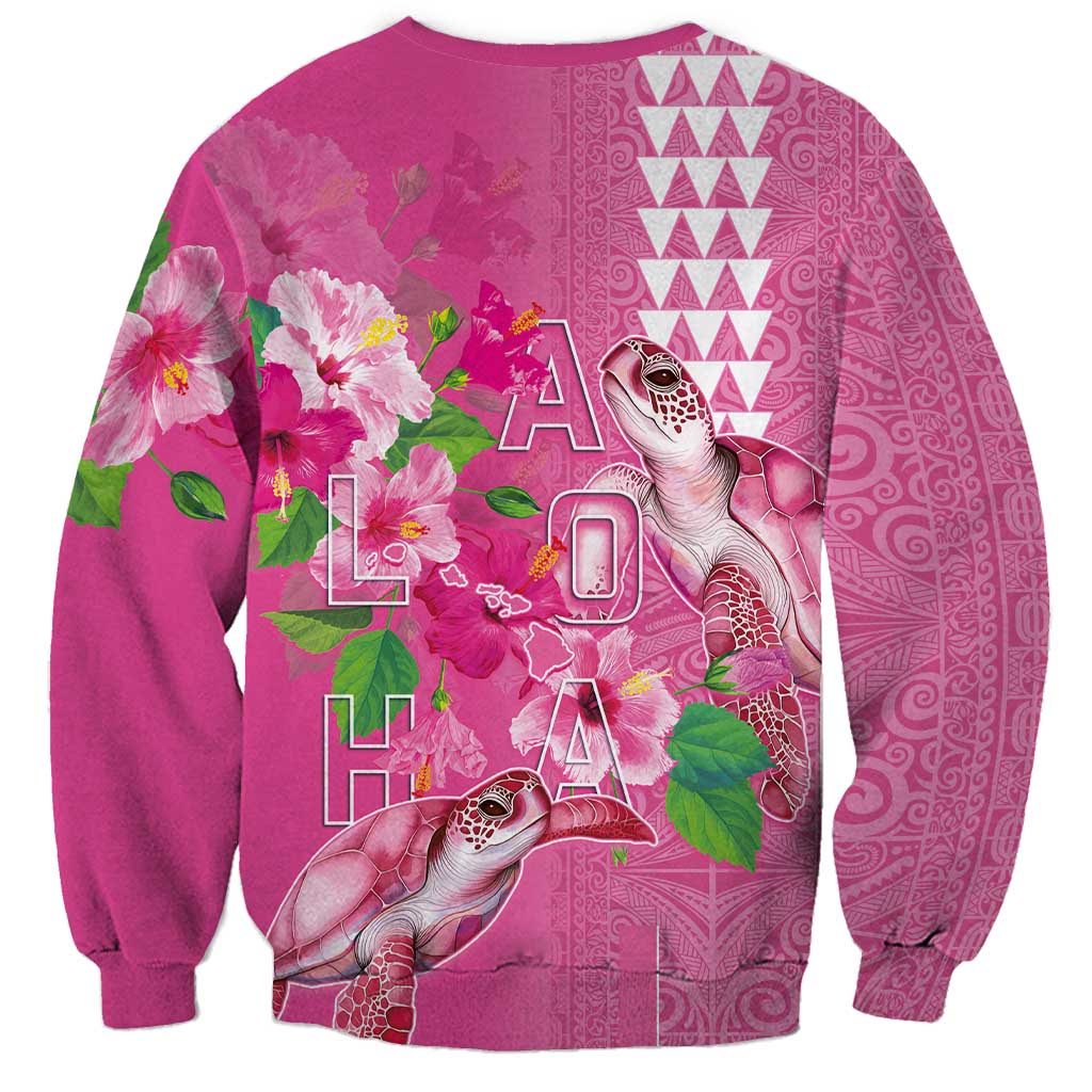Hawaii Aloha Turtle Hibiscus and Leaves Sweatshirt with Polynesian and Kakau Tattoos Rose Color - Polynesian Pride