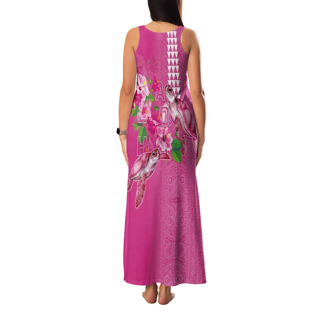 Hawaii Aloha Turtle Hibiscus and Leaves Tank Maxi Dress with Polynesian and Kakau Tattoos Rose Color - Polynesian Pride