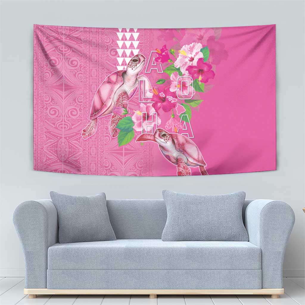 Hawaii Aloha Turtle Hibiscus and Leaves Tapestry with Polynesian and Kakau Tattoos Rose Color - Polynesian Pride