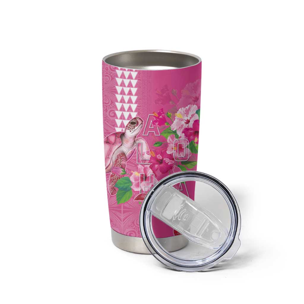 Hawaii Aloha Turtle Hibiscus and Leaves Tumbler Cup with Polynesian and Kakau Tattoos Rose Color - Polynesian Pride
