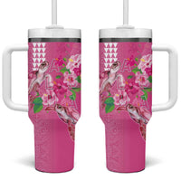 Hawaii Aloha Turtle Hibiscus and Leaves Tumbler With Handle with Polynesian and Kakau Tattoos Rose Color - Polynesian Pride
