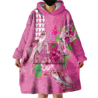 Hawaii Aloha Turtle Hibiscus and Leaves Wearable Blanket Hoodie with Polynesian and Kakau Tattoos Rose Color - Polynesian Pride