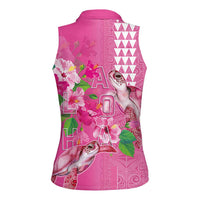 Hawaii Aloha Turtle Hibiscus and Leaves Women Sleeveless Polo Shirt with Polynesian and Kakau Tattoos Rose Color - Polynesian Pride