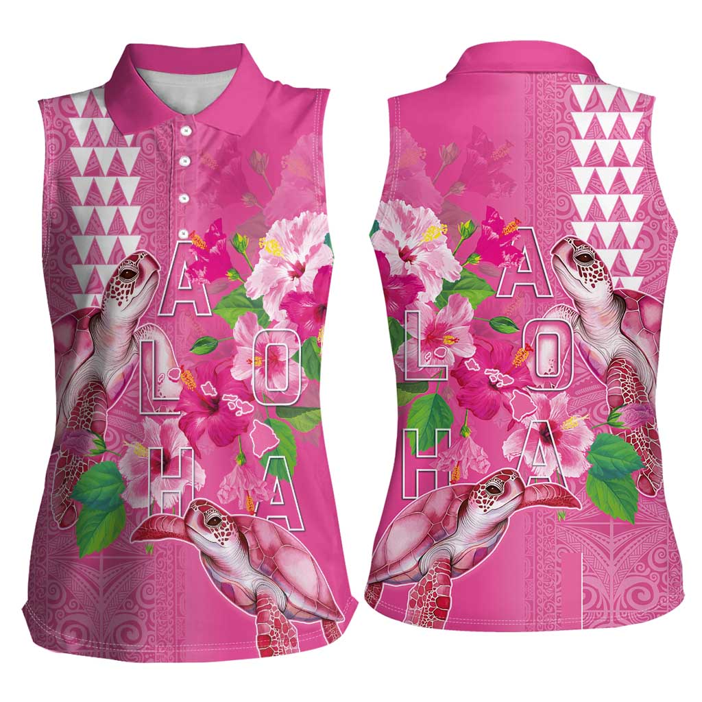 Hawaii Aloha Turtle Hibiscus and Leaves Women Sleeveless Polo Shirt with Polynesian and Kakau Tattoos Rose Color - Polynesian Pride