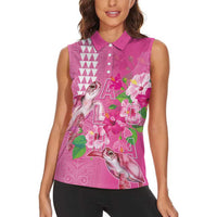 Hawaii Aloha Turtle Hibiscus and Leaves Women Sleeveless Polo Shirt with Polynesian and Kakau Tattoos Rose Color - Polynesian Pride
