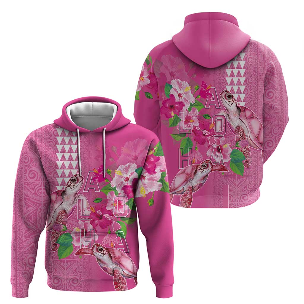 Hawaii Aloha Turtle Hibiscus and Leaves Zip Hoodie with Polynesian and Kakau Tattoos Rose Color - Polynesian Pride