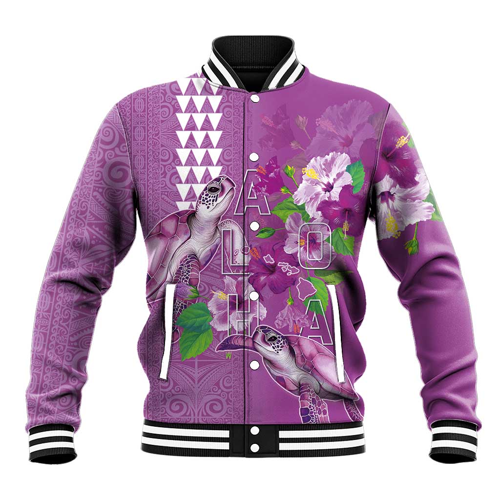 Hawaii Aloha Turtle Hibiscus and Leaves Baseball Jacket with Polynesian and Kakau Tattoos Lilac Color - Polynesian Pride