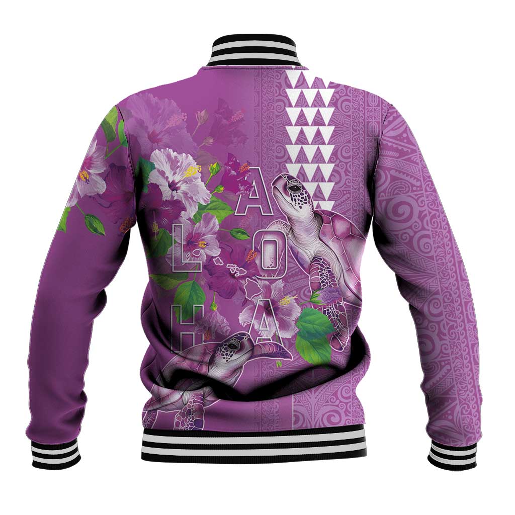 Hawaii Aloha Turtle Hibiscus and Leaves Baseball Jacket with Polynesian and Kakau Tattoos Lilac Color - Polynesian Pride