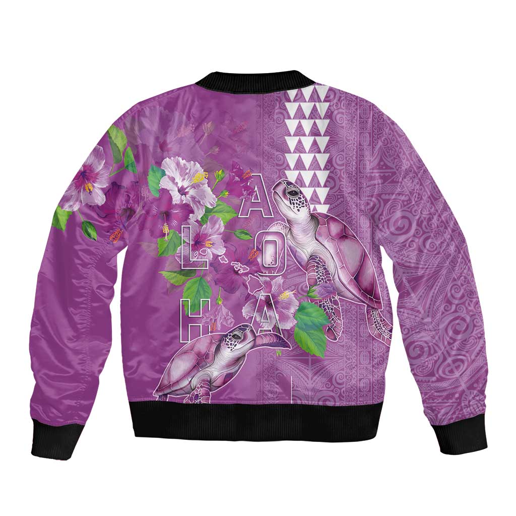 Hawaii Aloha Turtle Hibiscus and Leaves Bomber Jacket with Polynesian and Kakau Tattoos Lilac Color - Polynesian Pride