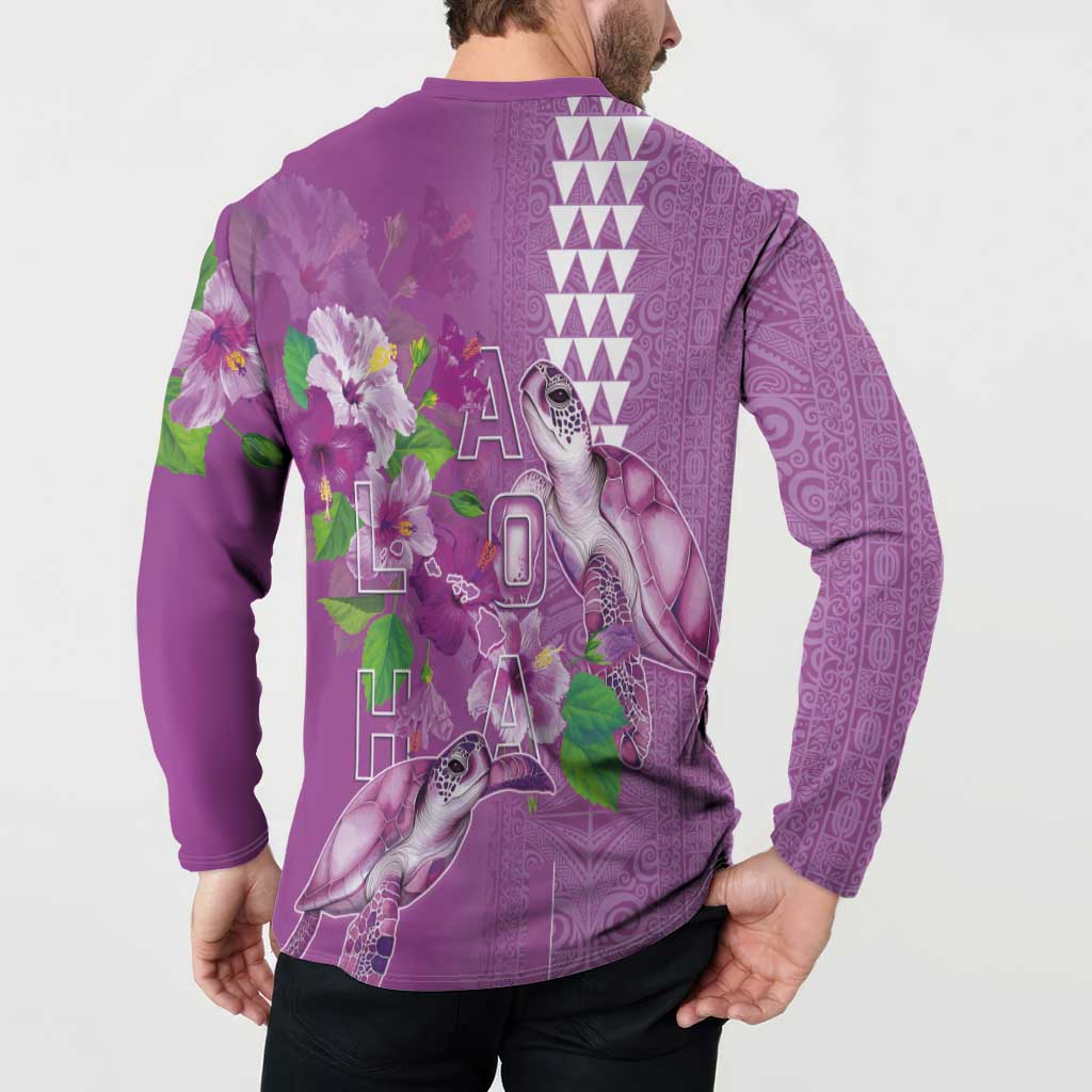 Hawaii Aloha Turtle Hibiscus and Leaves Button Sweatshirt with Polynesian and Kakau Tattoos Lilac Color - Polynesian Pride