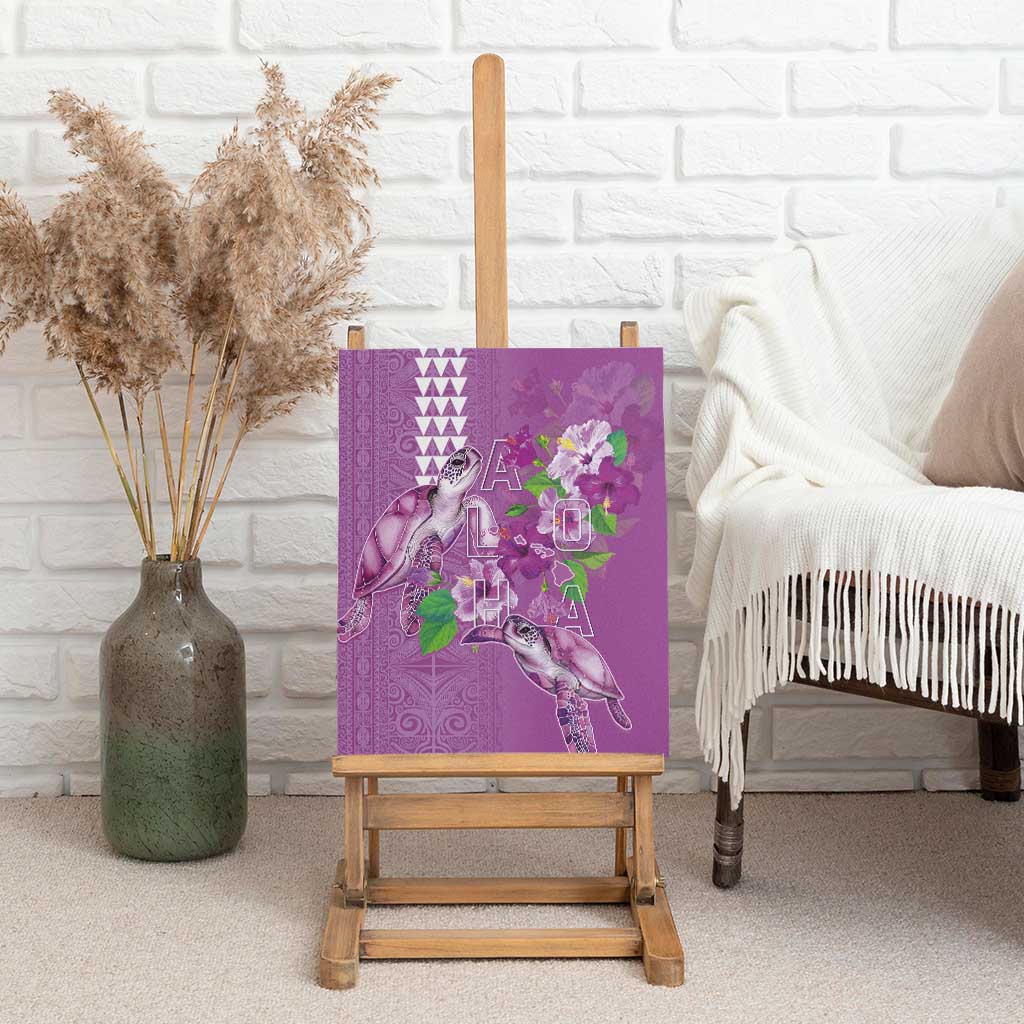 Hawaii Aloha Turtle Hibiscus and Leaves Canvas Wall Art with Polynesian and Kakau Tattoos Lilac Color - Polynesian Pride