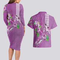 Hawaii Aloha Turtle Hibiscus and Leaves Couples Matching Long Sleeve Bodycon Dress and Hawaiian Shirt with Polynesian and Kakau Tattoos Lilac Color - Polynesian Pride