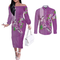 Hawaii Aloha Turtle Hibiscus and Leaves Couples Matching Off The Shoulder Long Sleeve Dress and Long Sleeve Button Shirt with Polynesian and Kakau Tattoos Lilac Color - Polynesian Pride