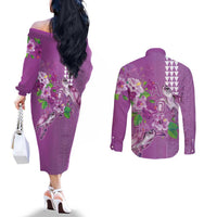 Hawaii Aloha Turtle Hibiscus and Leaves Couples Matching Off The Shoulder Long Sleeve Dress and Long Sleeve Button Shirt with Polynesian and Kakau Tattoos Lilac Color - Polynesian Pride