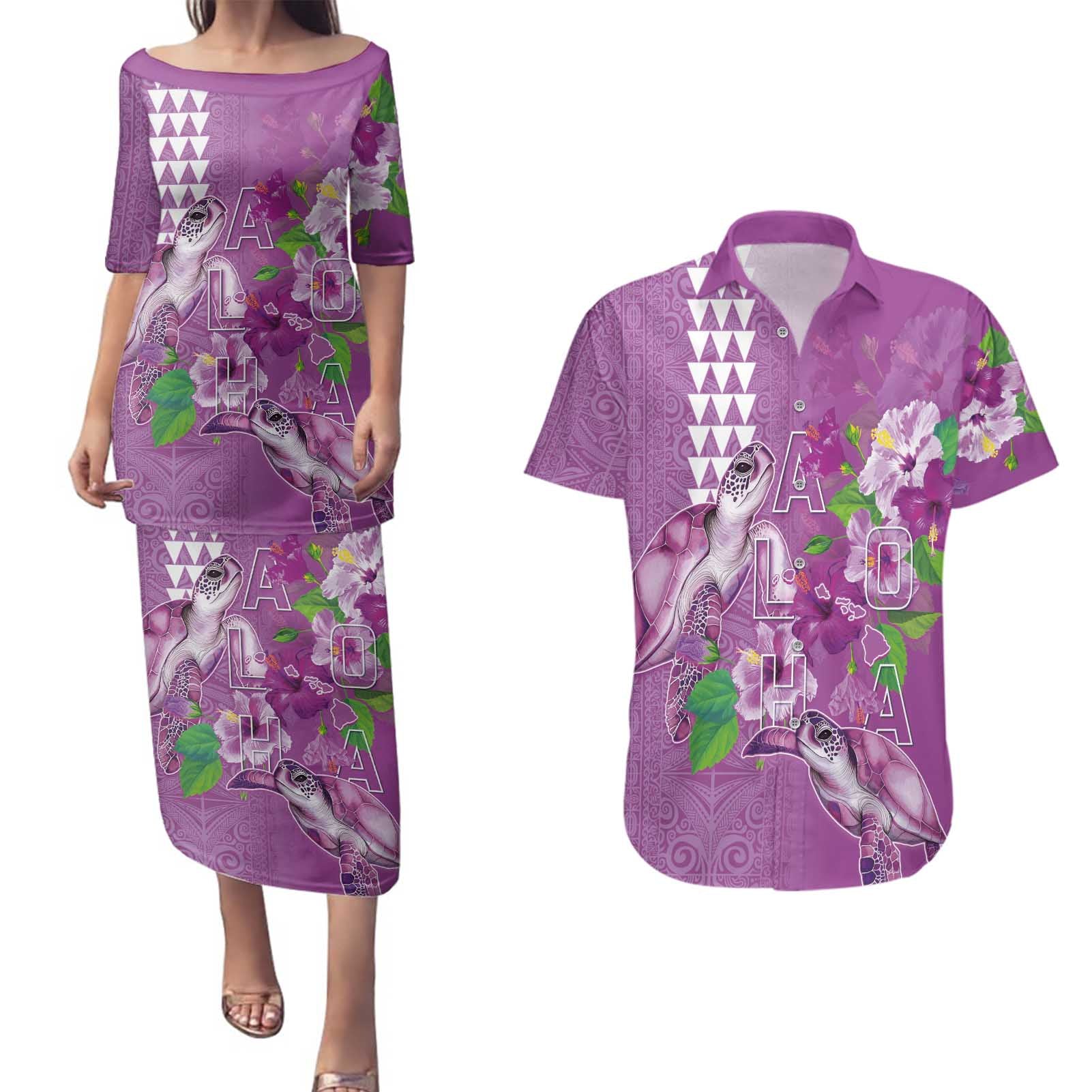 Hawaii Aloha Turtle Hibiscus and Leaves Couples Matching Puletasi and Hawaiian Shirt with Polynesian and Kakau Tattoos Lilac Color - Polynesian Pride