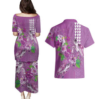 Hawaii Aloha Turtle Hibiscus and Leaves Couples Matching Puletasi and Hawaiian Shirt with Polynesian and Kakau Tattoos Lilac Color - Polynesian Pride
