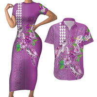 Hawaii Aloha Turtle Hibiscus and Leaves Couples Matching Short Sleeve Bodycon Dress and Hawaiian Shirt with Polynesian and Kakau Tattoos Lilac Color - Polynesian Pride