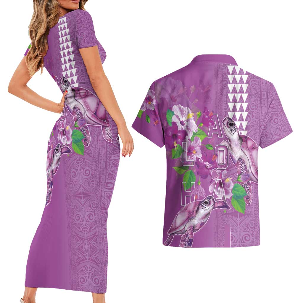 Hawaii Aloha Turtle Hibiscus and Leaves Couples Matching Short Sleeve Bodycon Dress and Hawaiian Shirt with Polynesian and Kakau Tattoos Lilac Color - Polynesian Pride