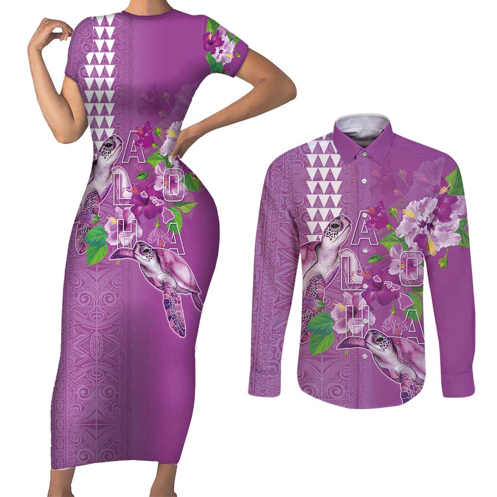 Hawaii Aloha Turtle Hibiscus and Leaves Couples Matching Short Sleeve Bodycon Dress and Long Sleeve Button Shirt with Polynesian and Kakau Tattoos Lilac Color - Polynesian Pride