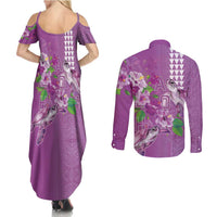 Hawaii Aloha Turtle Hibiscus and Leaves Couples Matching Summer Maxi Dress and Long Sleeve Button Shirt with Polynesian and Kakau Tattoos Lilac Color - Polynesian Pride