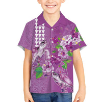 Hawaii Aloha Turtle Hibiscus and Leaves Family Matching Long Sleeve Bodycon Dress and Hawaiian Shirt with Polynesian and Kakau Tattoos Lilac Color - Polynesian Pride