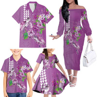 Hawaii Aloha Turtle Hibiscus and Leaves Family Matching Off The Shoulder Long Sleeve Dress and Hawaiian Shirt with Polynesian and Kakau Tattoos Lilac Color - Polynesian Pride