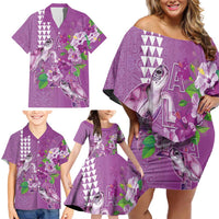 Hawaii Aloha Turtle Hibiscus and Leaves Family Matching Off Shoulder Short Dress and Hawaiian Shirt with Polynesian and Kakau Tattoos Lilac Color - Polynesian Pride