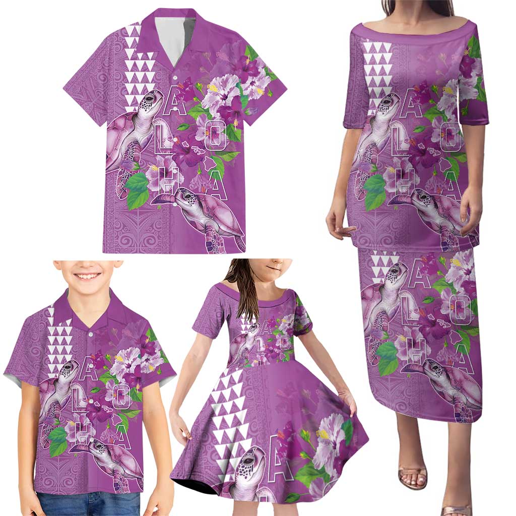 Hawaii Aloha Turtle Hibiscus and Leaves Family Matching Puletasi and Hawaiian Shirt with Polynesian and Kakau Tattoos Lilac Color - Polynesian Pride