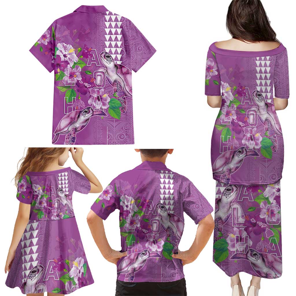 Hawaii Aloha Turtle Hibiscus and Leaves Family Matching Puletasi and Hawaiian Shirt with Polynesian and Kakau Tattoos Lilac Color - Polynesian Pride