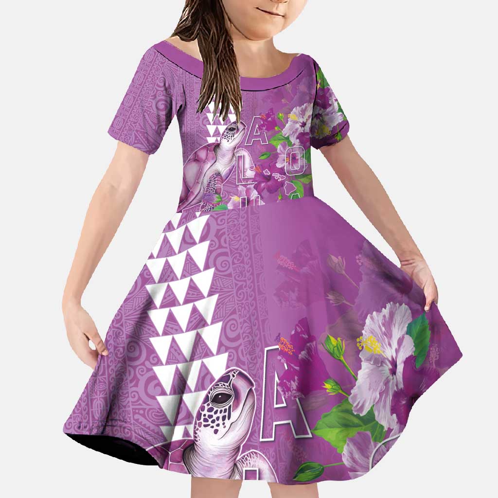 Hawaii Aloha Turtle Hibiscus and Leaves Family Matching Short Sleeve Bodycon Dress and Hawaiian Shirt with Polynesian and Kakau Tattoos Lilac Color - Polynesian Pride