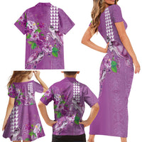 Hawaii Aloha Turtle Hibiscus and Leaves Family Matching Short Sleeve Bodycon Dress and Hawaiian Shirt with Polynesian and Kakau Tattoos Lilac Color - Polynesian Pride