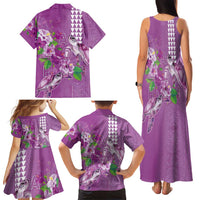 Hawaii Aloha Turtle Hibiscus and Leaves Family Matching Tank Maxi Dress and Hawaiian Shirt with Polynesian and Kakau Tattoos Lilac Color - Polynesian Pride