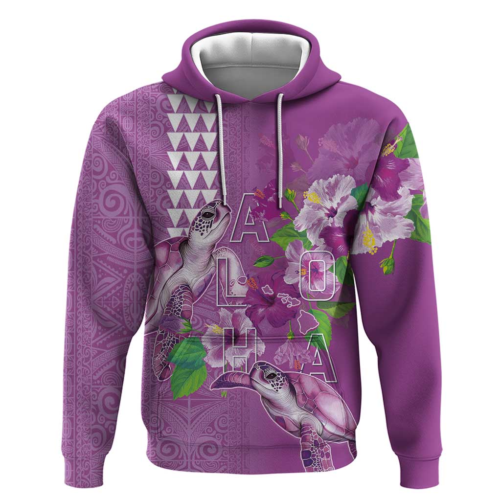 Hawaii Aloha Turtle Hibiscus and Leaves Hoodie with Polynesian and Kakau Tattoos Lilac Color - Polynesian Pride