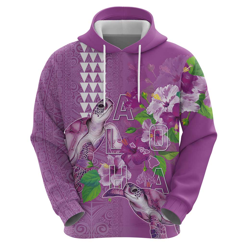 Hawaii Aloha Turtle Hibiscus and Leaves Hoodie with Polynesian and Kakau Tattoos Lilac Color - Polynesian Pride