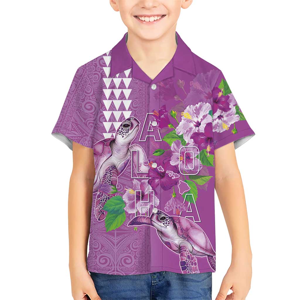 Hawaii Aloha Turtle Hibiscus and Leaves Kid Hawaiian Shirt with Polynesian and Kakau Tattoos Lilac Color - Polynesian Pride