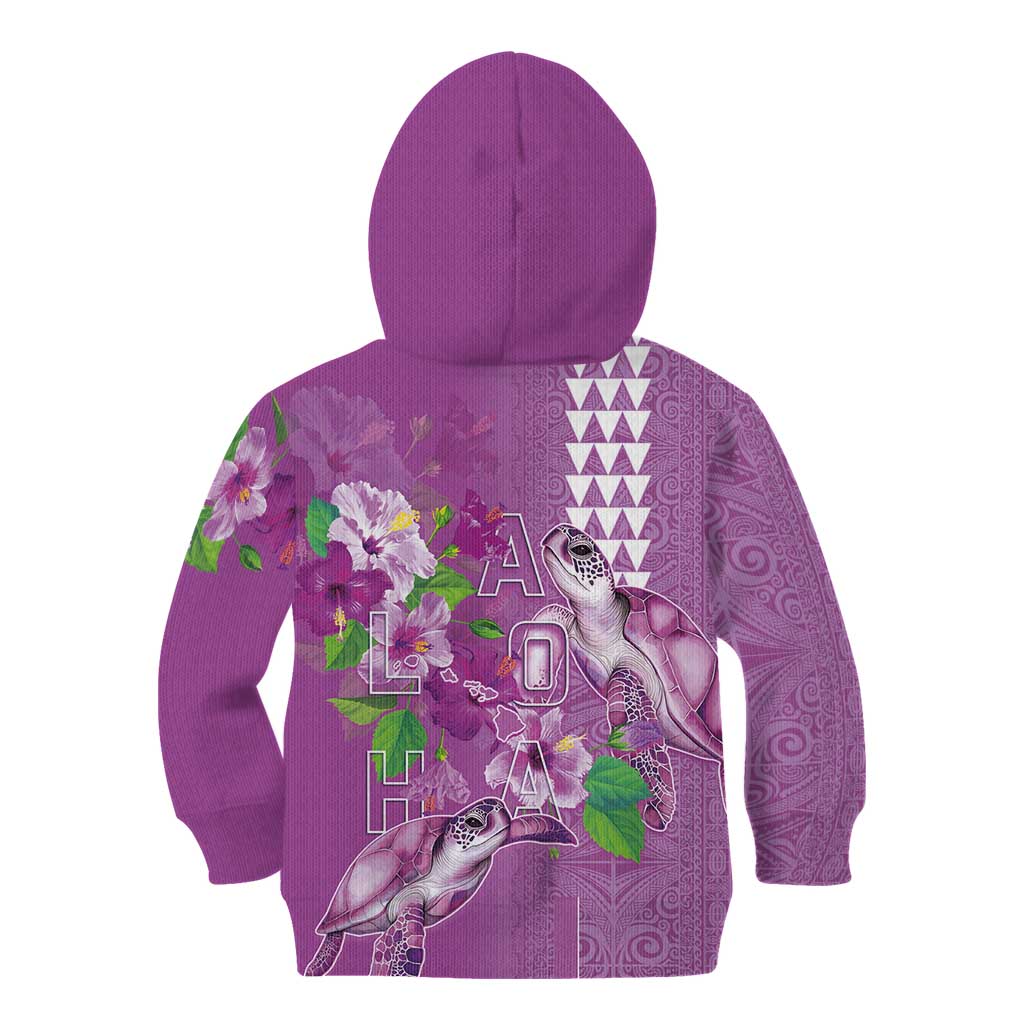 Hawaii Aloha Turtle Hibiscus and Leaves Kid Hoodie with Polynesian and Kakau Tattoos Lilac Color - Polynesian Pride