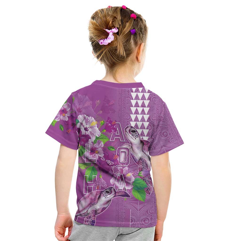 Hawaii Aloha Turtle Hibiscus and Leaves Kid T Shirt with Polynesian and Kakau Tattoos Lilac Color - Polynesian Pride
